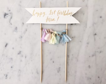 Cake Topper / Gold Modern Calligraphy / Custom Hand Lettered/ Unicorn Pastel Rainbow / Made-To-Order/ Hand Made Mini Tassels / Party Time