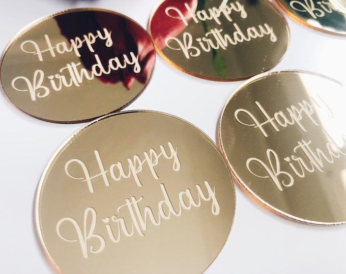 Featured listing image: SET OF 6 Perspex Acrylic Gold Happy Birthday Cupcake Toppers / Mini Cake Topper / Calligraphy