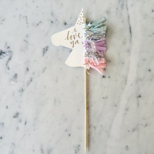 Unicorn Cake Topper / Gold Modern Calligraphy / Custom Hand Lettered / Silver Lilac Pink Mint / Mini Tassels / Unicorn Mane Pastels / image 1