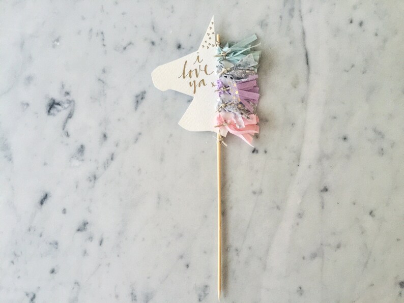 Unicorn Cake Topper / Gold Modern Calligraphy / Custom Hand Lettered / Silver Lilac Pink Mint / Mini Tassels / Unicorn Mane Pastels / image 1