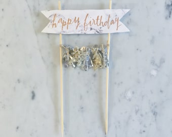 Cake Topper / Marble Print Paper / Rose Gold Modern Calligraphy / Custom Hand Lettered/ Silver Gold / Hand Made Mini Tassels / Birthday /