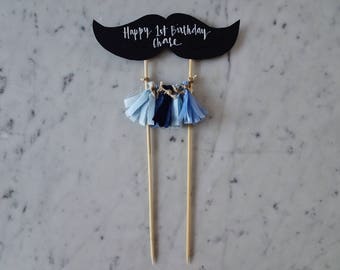 Moustache Cake Topper / Modern Calligraphy / Custom Hand Lettered / Black / Mini Tassels / First Birthday / Moustashe / Man / Boy / Moe