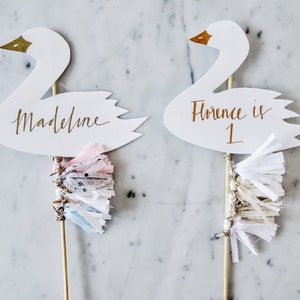 Swan Cake Topper / Rose Gold Modern Calligraphy / Custom Hand Lettered / White Neutral Beige Blush / Mini Tassels / First Birthday Pastels / image 5