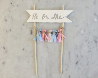 Cake Topper / Silver Calligraphy / Custom / Pink Blue / Gender Reveal Cake / Made-To-Order/ Hand Made Mini Tassels / Party / Birthdays /