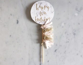 Cake Topper / Marble Print / Modern Calligraphy / Custom Hand Lettered / Blush Pink Gold / Mini Tassels Balloon / Birthday / Love