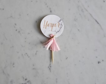 Mini Cake Topper / Rose Gold Modern Calligraphy / Custom Hand Lettered / Marble Pink Baby Name / Mini Tassels Balloon / Birthday Wedding/