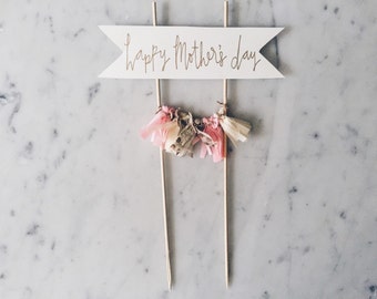Cake Topper / Gold Calligraphy / Custom Hand Lettered/ Mother's Day / Pink Pastel Gold Peach / Mini Tassels / Personalised / Modern