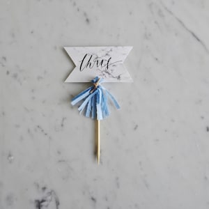 Mini Cake Topper / Modern Calligraphy / Custom Hand Lettered/ Marble Name Blue / Made-To-Order/ Hand Made Mini Tassels / image 1