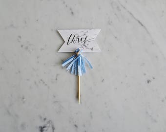 Mini Cake Topper / Modern Calligraphy / Custom Hand Lettered/ Marble Name Blue / Made-To-Order/ Hand Made Mini Tassels /