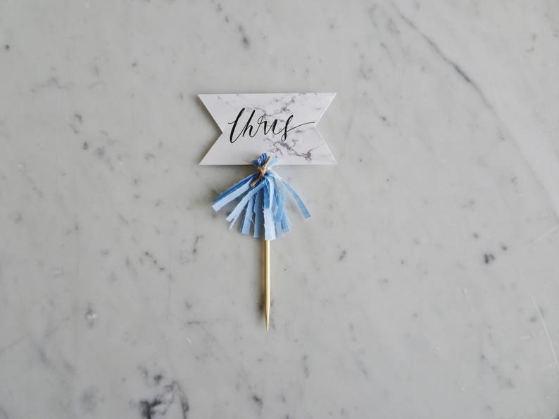 Mini Cake Topper / Modern Calligraphy / Custom Hand Lettered/ Marble Name Blue / Made-To-Order/ Hand Made Mini Tassels / image 1