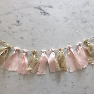 Mini Fabric Tassel Garland / Bespoke / Handmade Party Decor/ Customised/ Blush Light Pink Gold / Weddings Birthdays Baby Showers Bridal Etc/
