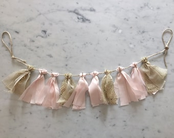 Mini Fabric Tassel Garland / Bespoke / Handmade Party Decor/ Customised/ Blush Light Pink Gold / Weddings Birthdays Baby Showers Bridal Etc/
