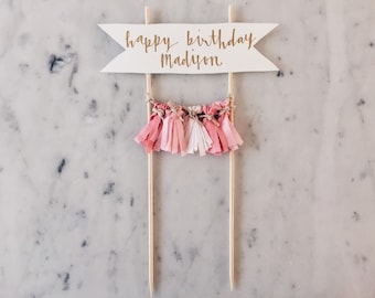 Cake Topper / Modern Calligraphy / Custom Hand Lettered / Blush Pink Pinks / Made-To-Order/ Hand Made Mini Tassels / Birthday Party Gold