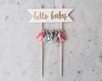 Cake Topper / Silver Calligraphy / Custom / Pink Blue / Gender Reveal Cake / Made-To-Order/ Hand Made Mini Tassels / Hello Baby