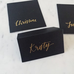 Custom Hand Lettered Metallic Gold Lettering Sign / Name Cards Tags / Black Place Card / Calligraphy / Party Event Wedding Birthday /