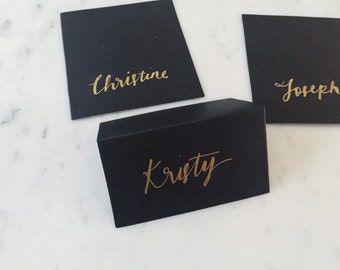 Custom Hand Lettered Metallic Gold Lettering Sign / Name Cards Tags / Black Place Card / Calligraphy / Party Event Wedding Birthday /