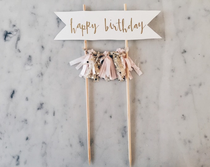 Featured listing image: Cake Topper / Gold Calligraphy / Custom Hand Lettered/ Blush Pink Gold/ Made-To-Order/ Hand Made Mini Tassels / Happy Birthday / Birthdays /