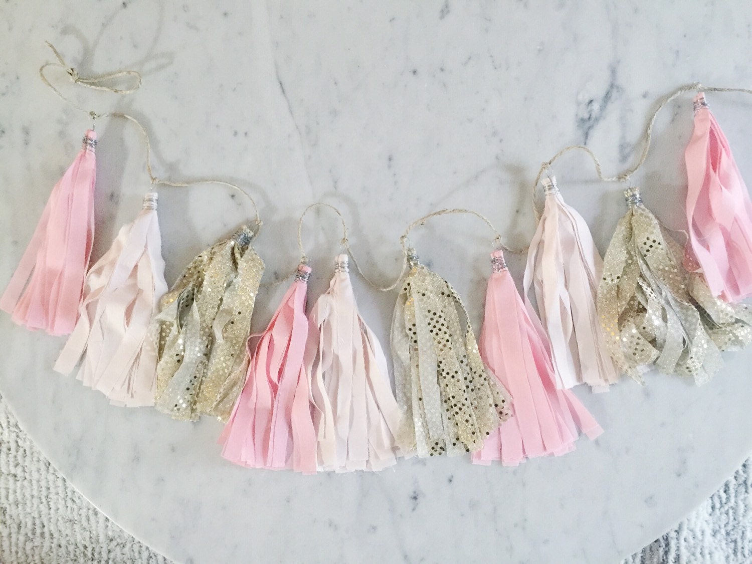 9 Inch Fabric Tassel Garland / Handmade / Customise / Blush Pink Gold /  Weddings Bridal Hens Birthday Baby-Shower Baby Girl /