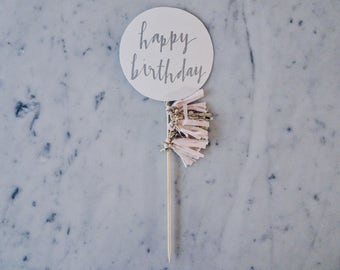 Cake Topper / Silver Modern Calligraphy / Custom Hand Lettered / Blush Pink Gold Neutrals / Mini Tassels Balloon / Birthday Wedding/