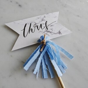 Mini Cake Topper / Modern Calligraphy / Custom Hand Lettered/ Marble Name Blue / Made-To-Order/ Hand Made Mini Tassels / image 3