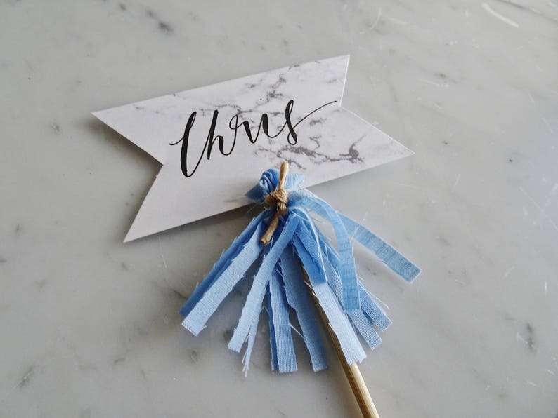 Mini Cake Topper / Modern Calligraphy / Custom Hand Lettered/ Marble Name Blue / Made-To-Order/ Hand Made Mini Tassels / image 3