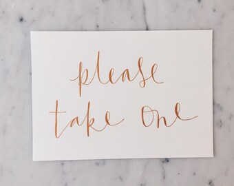 ONE CARD Custom A5 Hand Drawn Metallic Rose Gold Copper Lettering Sign / Guest Book Cards Signs / Calligraphy/ Party Wedding Birthday