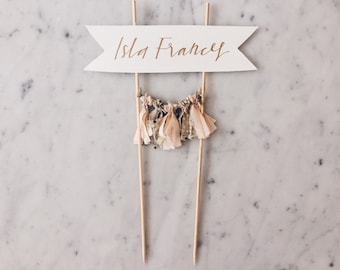 Cake Topper / Gold Calligraphy / Custom Hand Lettered/ Pastel Peach Gold/ Made-To-Order/ Hand Made Mini Tassels / Baby Girl Name