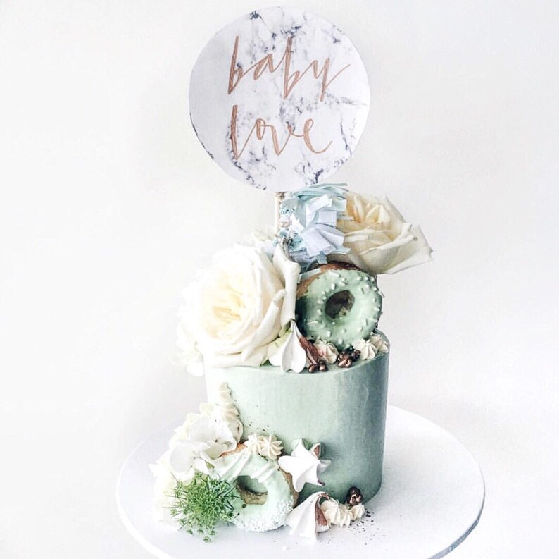 Cake Topper / Marble Print / Modern Calligraphy / Custom Hand Lettered / Mint White / Mini Tassels Balloon / Birthday / Love Baby image 2