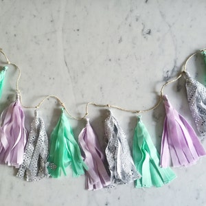 9 Inch Fabric Tassel Garland / Handmade / Customise / Purple Lilac Mint Silver / Weddings Bridal Hens Birthday Baby-Shower Baby Girl /