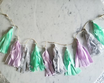 9 Inch Fabric Tassel Garland / Handmade / Customise / Purple Lilac Mint Silver / Weddings Bridal Hens Birthday Baby-Shower Baby Girl /