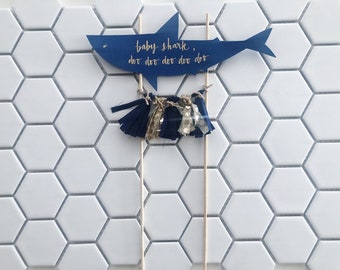 Baby Shark Cake Topper / Modern Calligraphy / Custom Hand Lettered / Mini Tassels / First Birthday / Baby Boy / Doo Doo Doo / Blue / Gold