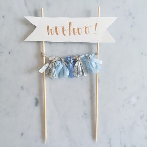 Cake Topper / Rose Gold Modern Calligraphy / Custom Hand Lettered/ Blue Silver / Made-To-Order/ Hand Made Mini Tassels / image 1