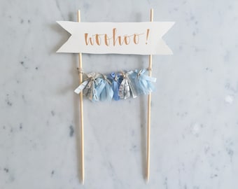 Cake Topper / Rose Gold Modern Calligraphy / Custom Hand Lettered/ Blue Silver / Made-To-Order/ Hand Made Mini Tassels /