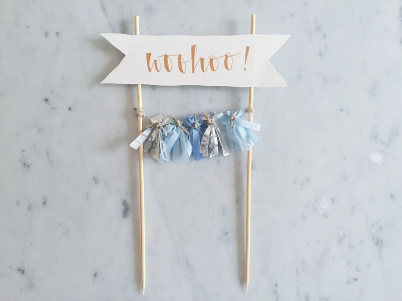 Cake Topper / Rose Gold Modern Calligraphy / Custom Hand Lettered/ Blue Silver / Made-To-Order/ Hand Made Mini Tassels / image 1