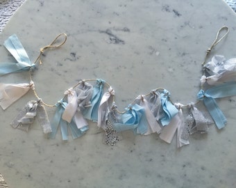 5 Inch Fabric Tassel Garland / Handmade Party Decor/ Customised / Baby Blue Sky Blue White Silver / Baby Boy /  Birthdays Baby-Showers Etc /