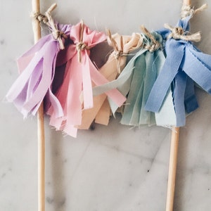 May include: A set of five fabric tassels in shades of purple, pink, cream, blue, and light blue, attached to wooden skewers. The tassels are tied together with twine.
