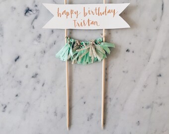 Cake Topper / Rose Gold Copper Calligraphy / Custom Hand Lettered/ Mint Gold / Mini Tassels / Happy Birthday / Party Decor