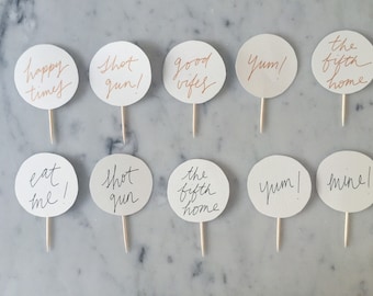 10 Cupcake Topper Set / Hand Made / Modern Calligraphy / Custom Hand Lettered / Round / Birthday Wedding Baby Shower Dessert