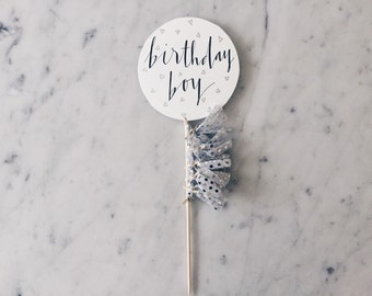 Cake Topper / Ink Calligraphy / Modern Calligraphy / Custom Hand Lettered/ Silver / Mini Tassels Balloon / Birthday Wedding Baby Boy /