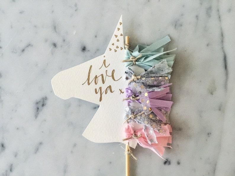 Unicorn Cake Topper / Gold Modern Calligraphy / Custom Hand Lettered / Silver Lilac Pink Mint / Mini Tassels / Unicorn Mane Pastels / image 2