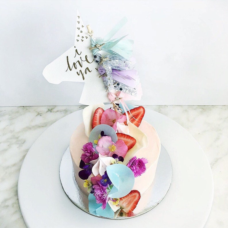 Unicorn Cake Topper / Gold Modern Calligraphy / Custom Hand Lettered / Silver Lilac Pink Mint / Mini Tassels / Unicorn Mane Pastels / image 3