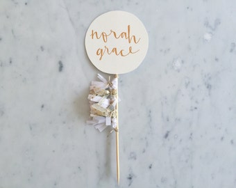 Cake Topper / Rose Gold Modern Calligraphy / Custom Hand Lettered/ White Gold/ Mini Tassels Balloon / Birthday Wedding Baby Shower /