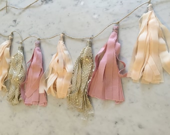 9 Inch Fabric Tassel Garland/ Bespoke / Customisable/ Made-to-order/ Neutrals Dusk Pink Cream Gold / Baby Showers Weddings Bridal Hens /