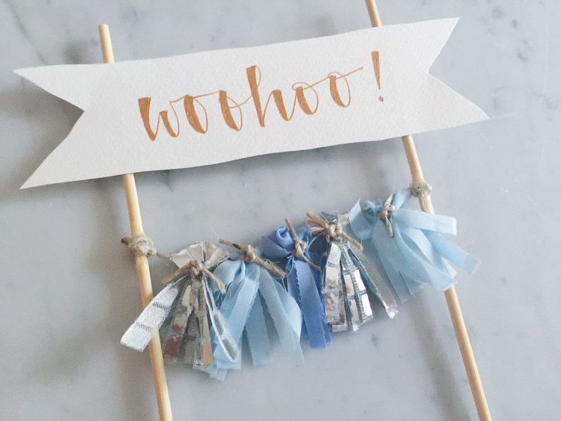 Cake Topper / Rose Gold Modern Calligraphy / Custom Hand Lettered/ Blue Silver / Made-To-Order/ Hand Made Mini Tassels / image 5