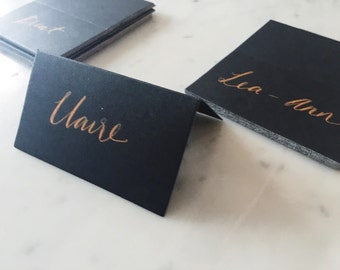 Custom Hand Drawn Metallic Rose Gold Lettering Sign / Name Cards Tags / Black Place Card / Calligraphy/ Party Event Wedding Birthday /