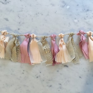 Mini Fabric Tassel Garland / Bespoke / Handmade Party Decor/ Customised/ Neutrals Dusk Pink Cream Gold / Weddings Birthdays Bridal Etc/