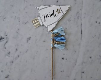 Rocket Cake Topper / Modern Calligraphy / Custom Hand Lettered / Blue / Mini Tassels / First Birthday / Baby Boy / Spaceship / Out Of Space