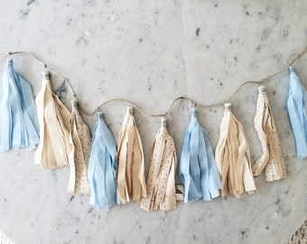 9 Inch Fabric Tassel Garland/ Bespoke / Customisable/ Made-to-order/ Baby Blue Cream Calico Star Pastels / Baby Shower Kids Children Nursery