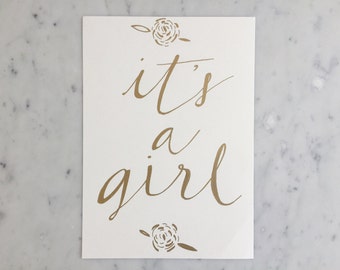 Custom A4 Hand Drawn Gold Lettering Sign / Baby Gender Reveal Announcement Sign / Modern Calligraphy / Photoshoot / Floral / It's A Girl