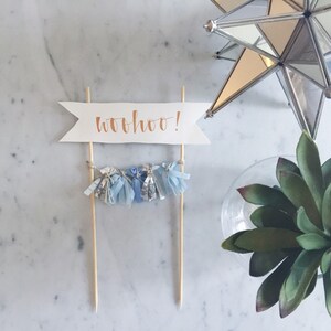 Cake Topper / Rose Gold Modern Calligraphy / Custom Hand Lettered/ Blue Silver / Made-To-Order/ Hand Made Mini Tassels / image 2